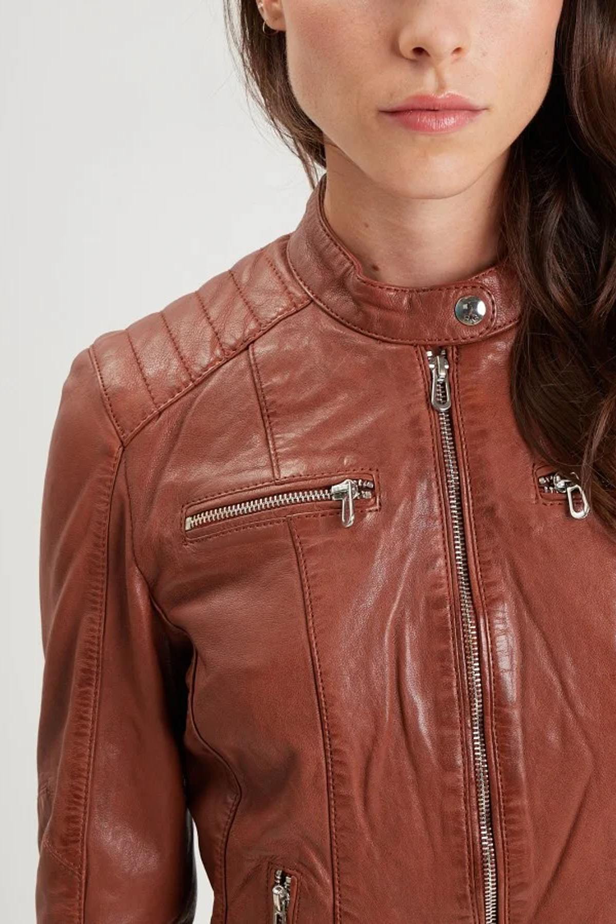 Women's cognac leather jacket - Image n°4