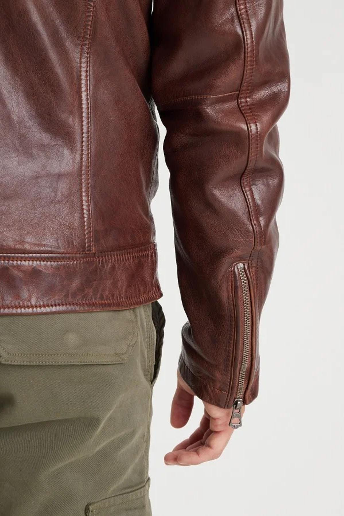 Brown washed lambskin leather jacket with faux fur collar - Image n°6