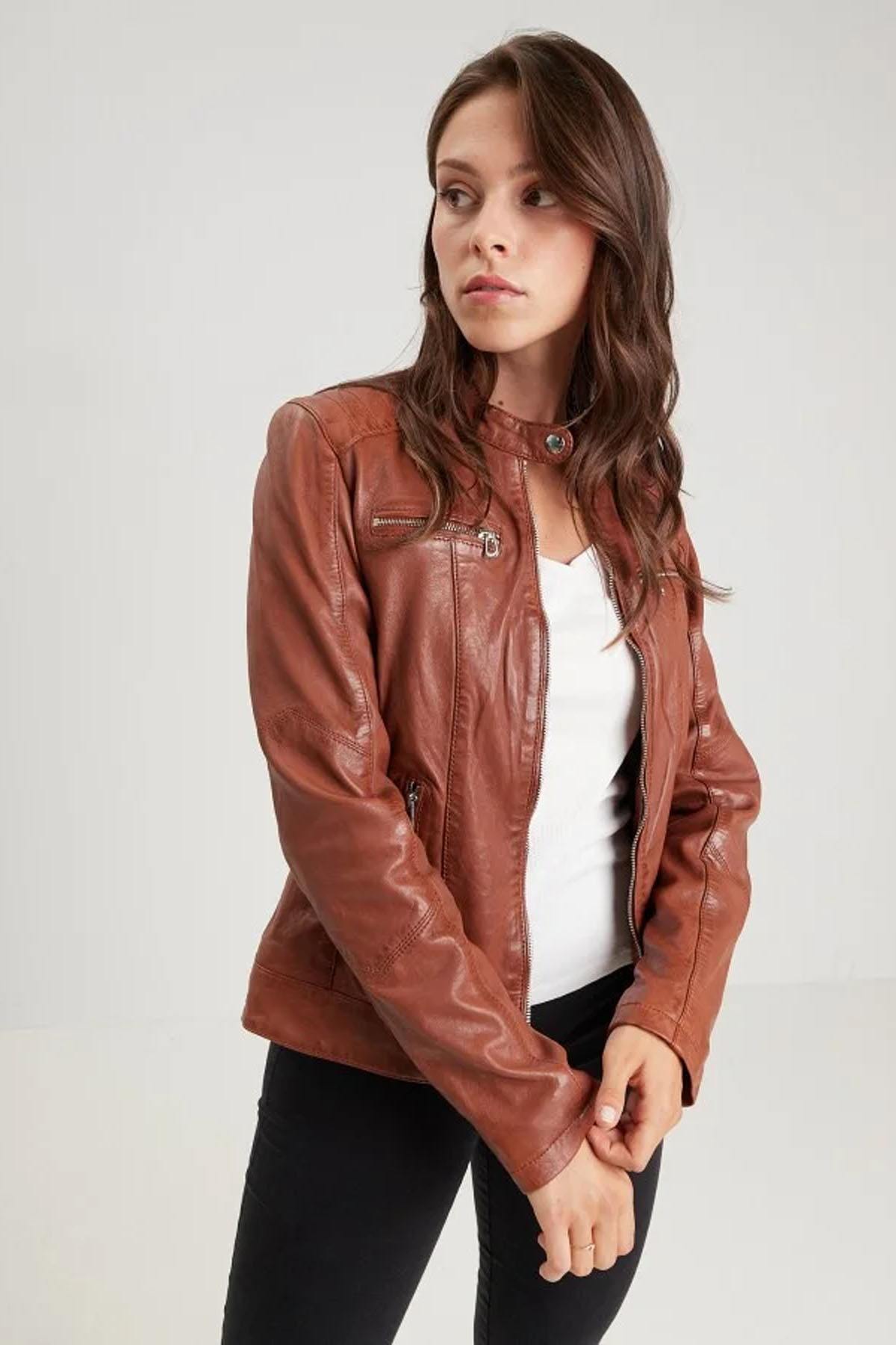 Women's cognac leather jacket - Image n°6