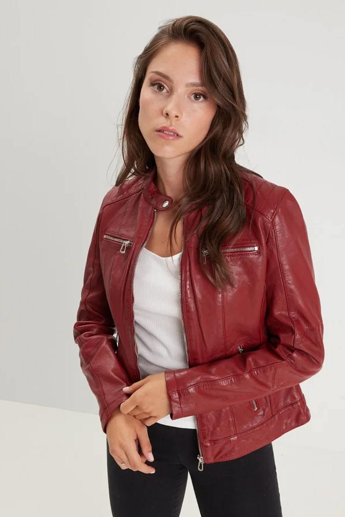 Red leather biker collar jacket - Image n°1