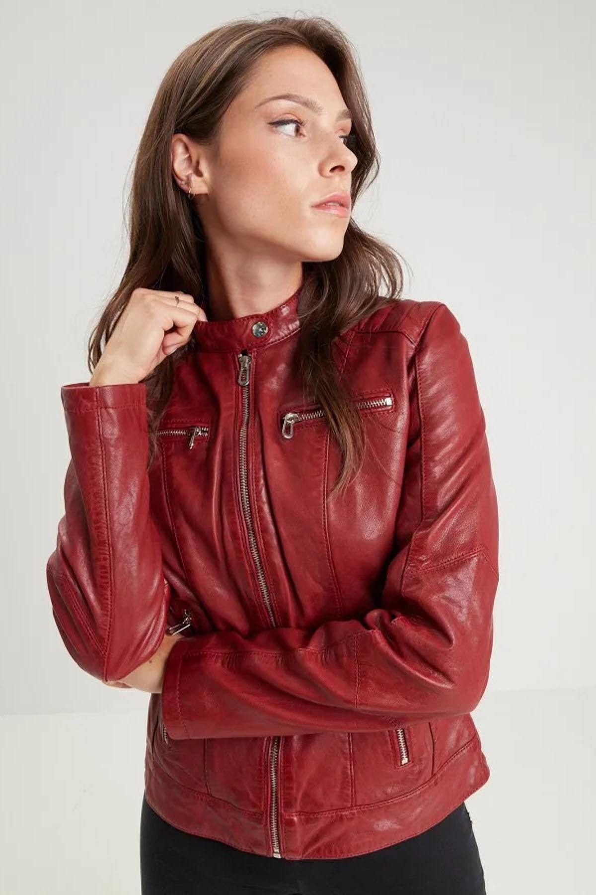 Red leather biker collar jacket - Image n°2