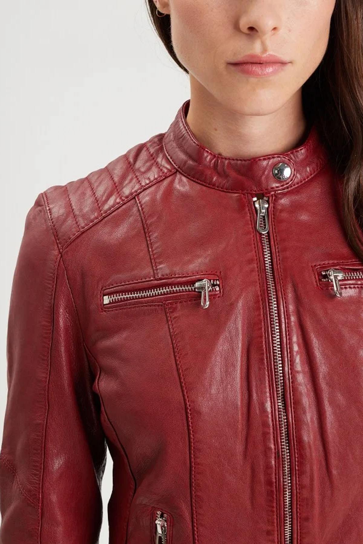 Red leather biker collar jacket - Image n°4