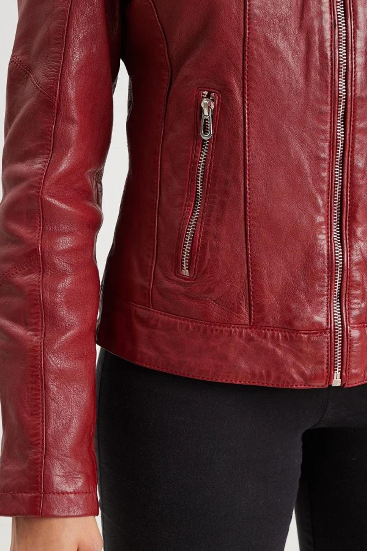 Red leather biker collar jacket - Image n°5