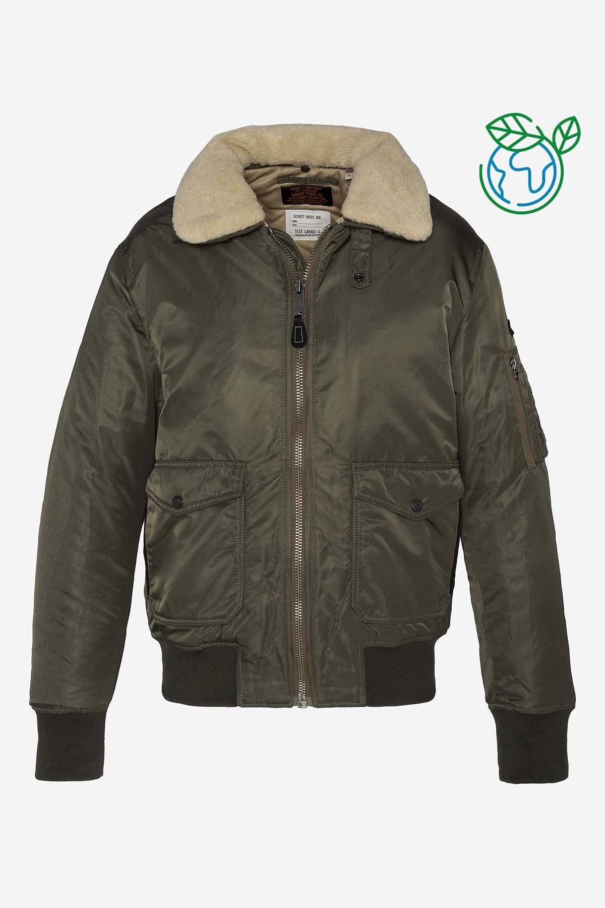 Khaki recycled nylon bomber jacket with removable collar - Image n°1