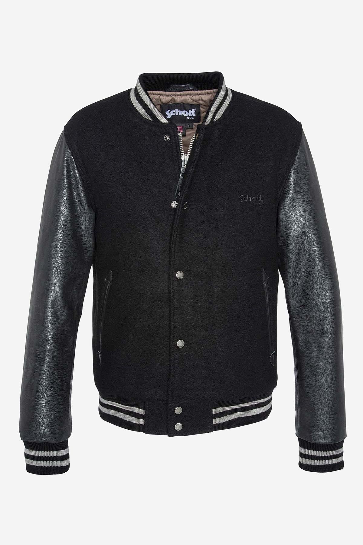 Black varsity jacket in cowhide and wool - Image n°2