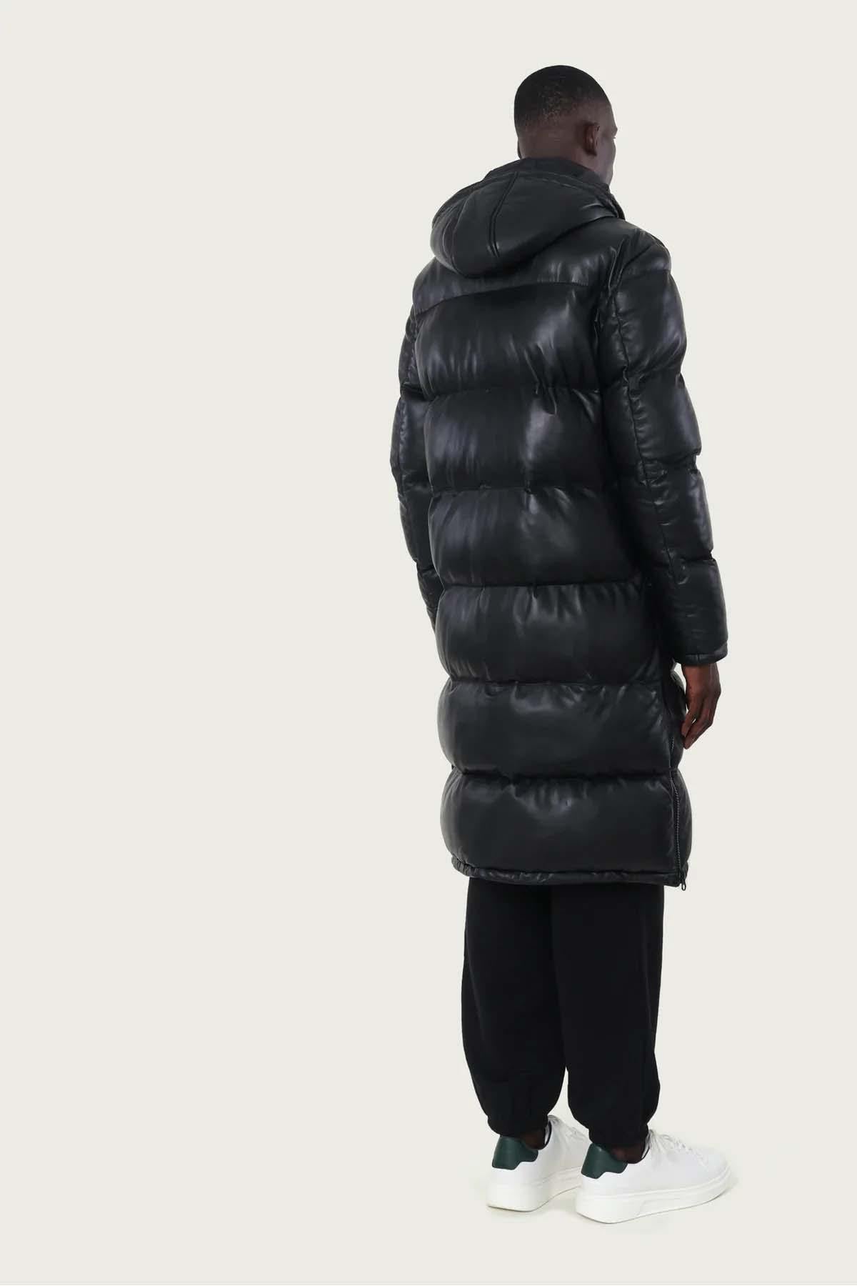 Long black leather down jacket - Image n°3