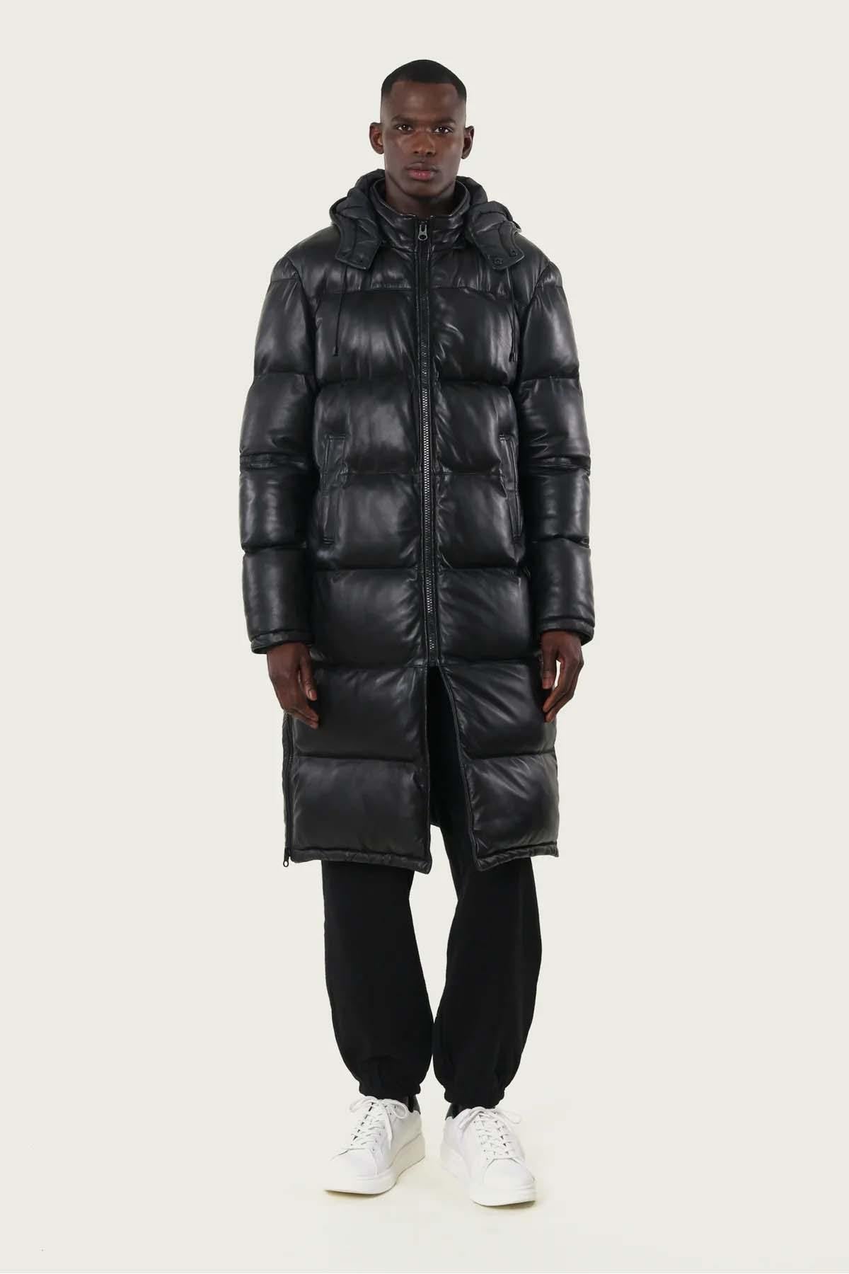 Long black leather down jacket - Image n°4