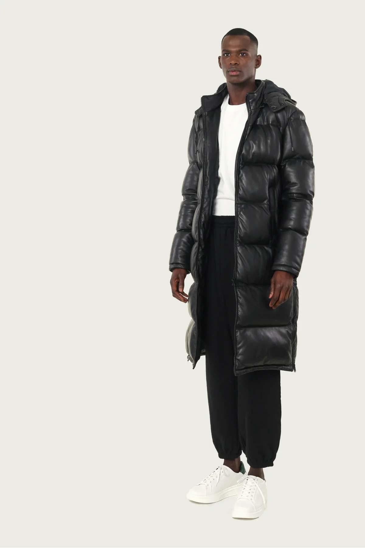 Long black leather down jacket - Image n°5