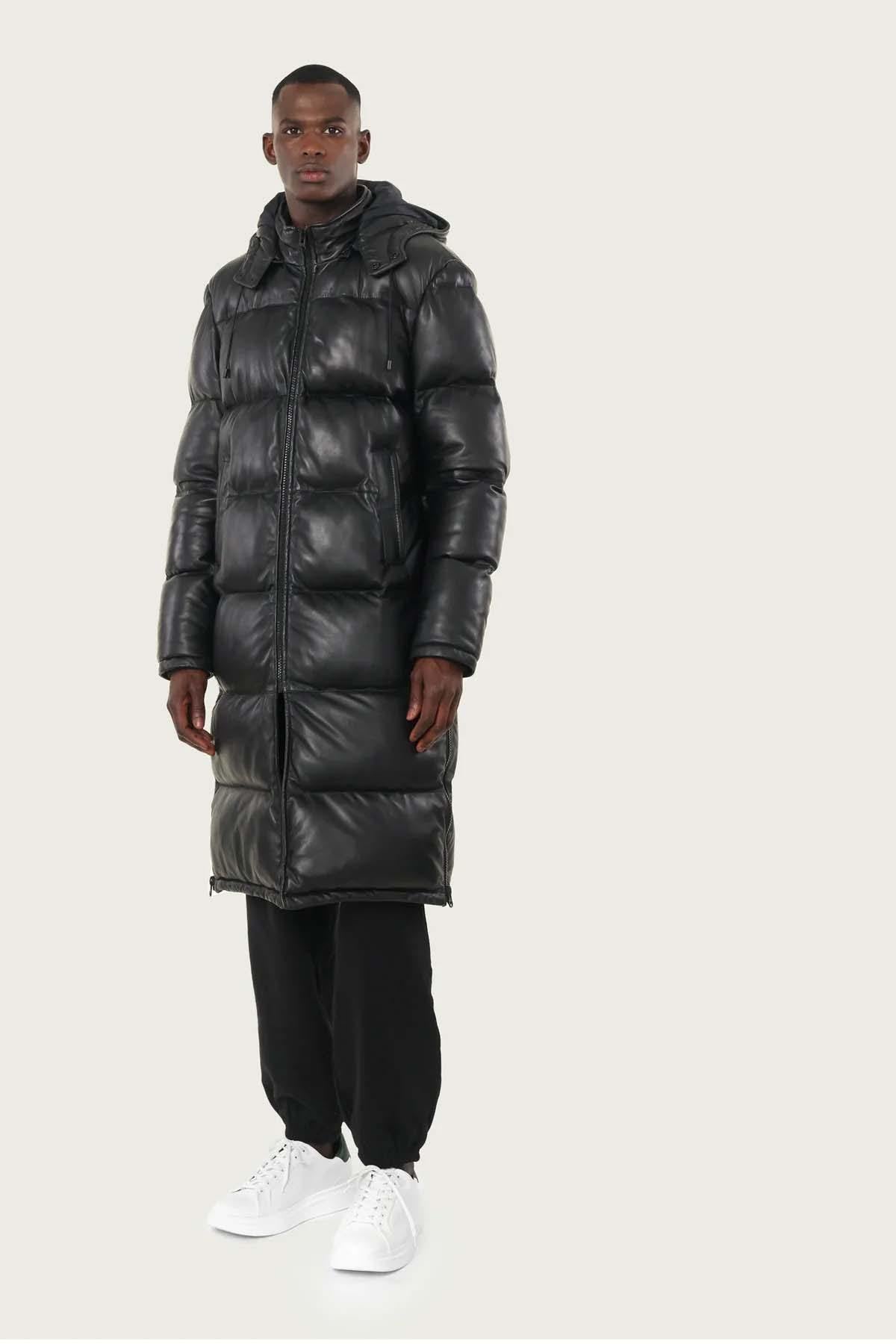 Long black leather down jacket - Image n°2