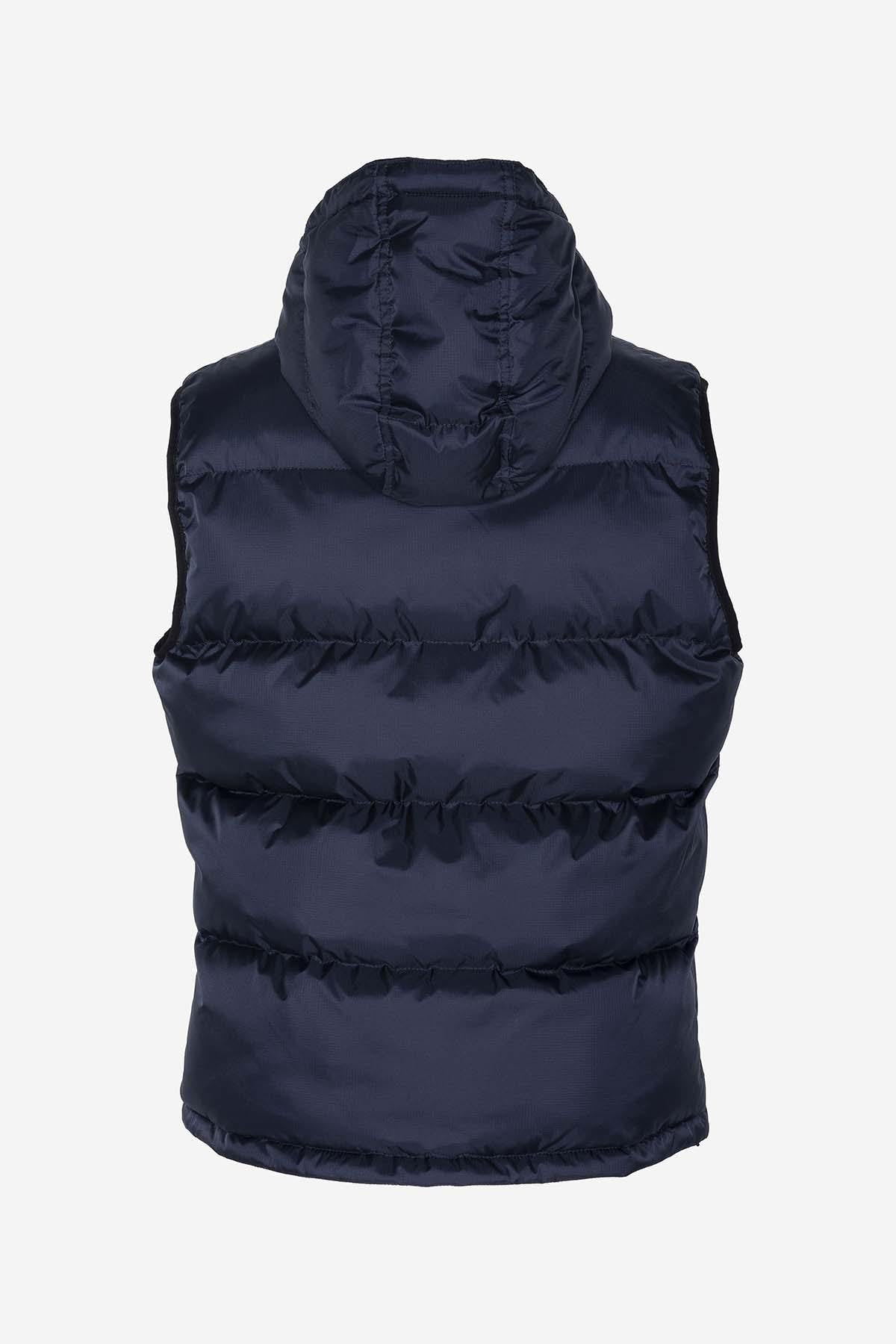 Navy blue hooded sleeveless down jacket - Image n°7