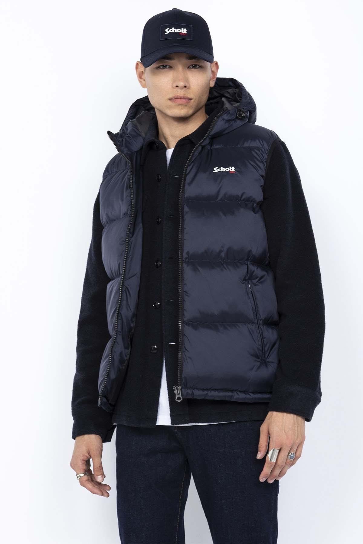 Navy blue hooded sleeveless down jacket - Image n°1