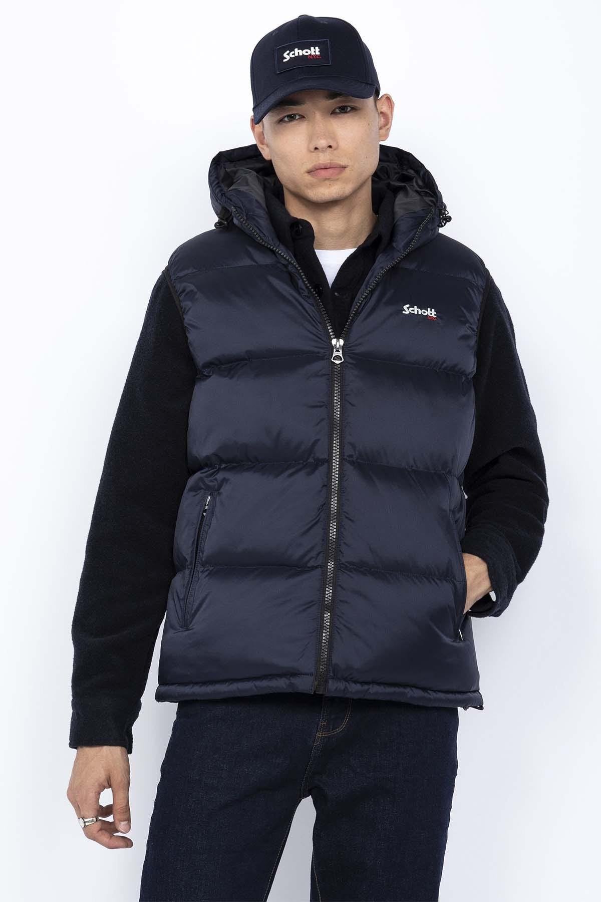 Navy blue hooded sleeveless down jacket - Image n°3