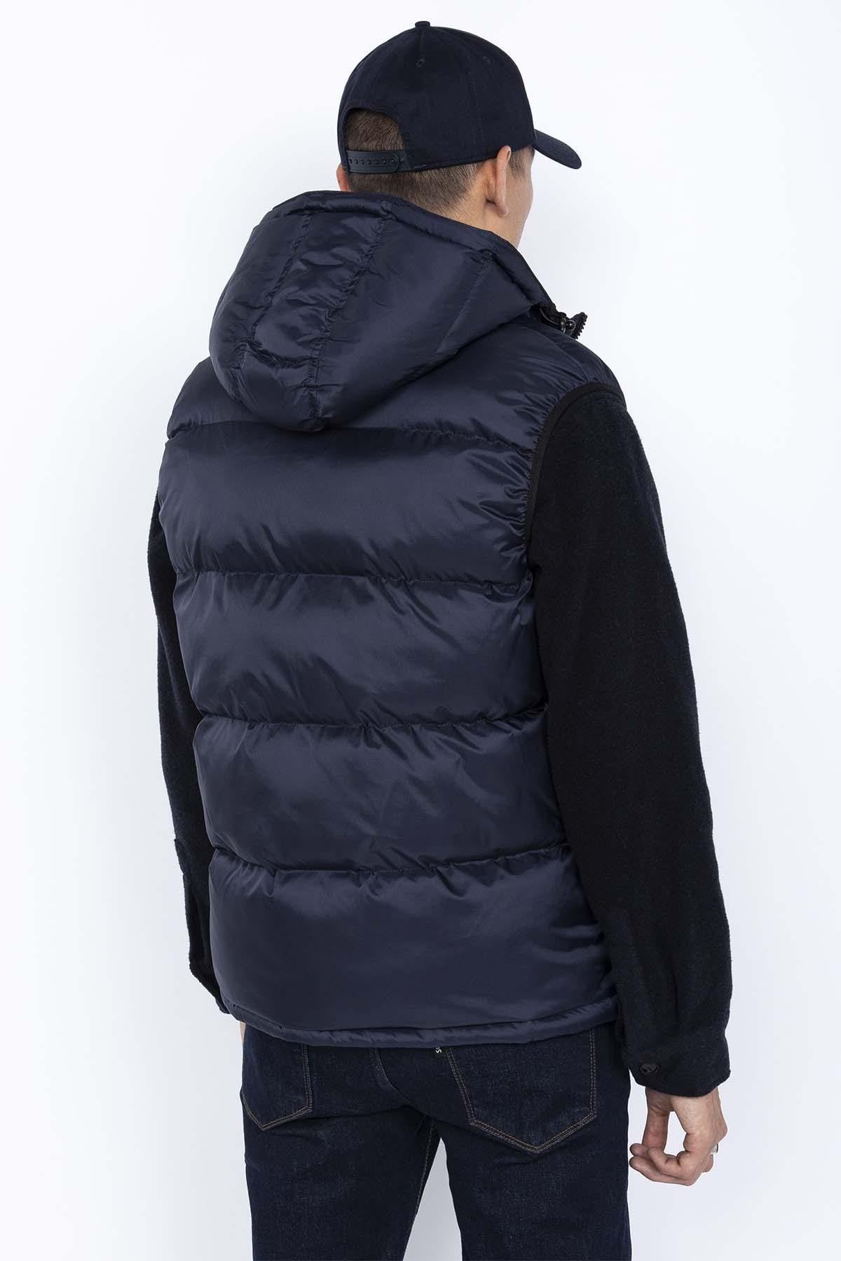 Navy blue hooded sleeveless down jacket - Image n°5