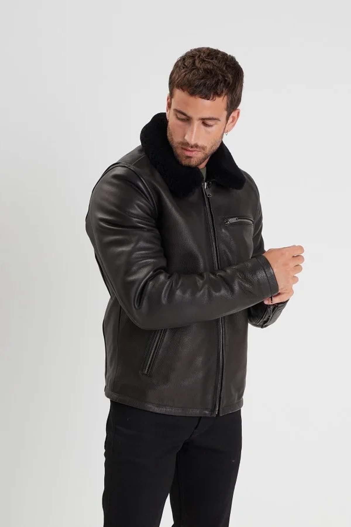 Thick cowhide leather jacket with removable sheepskin collar - Image n°6