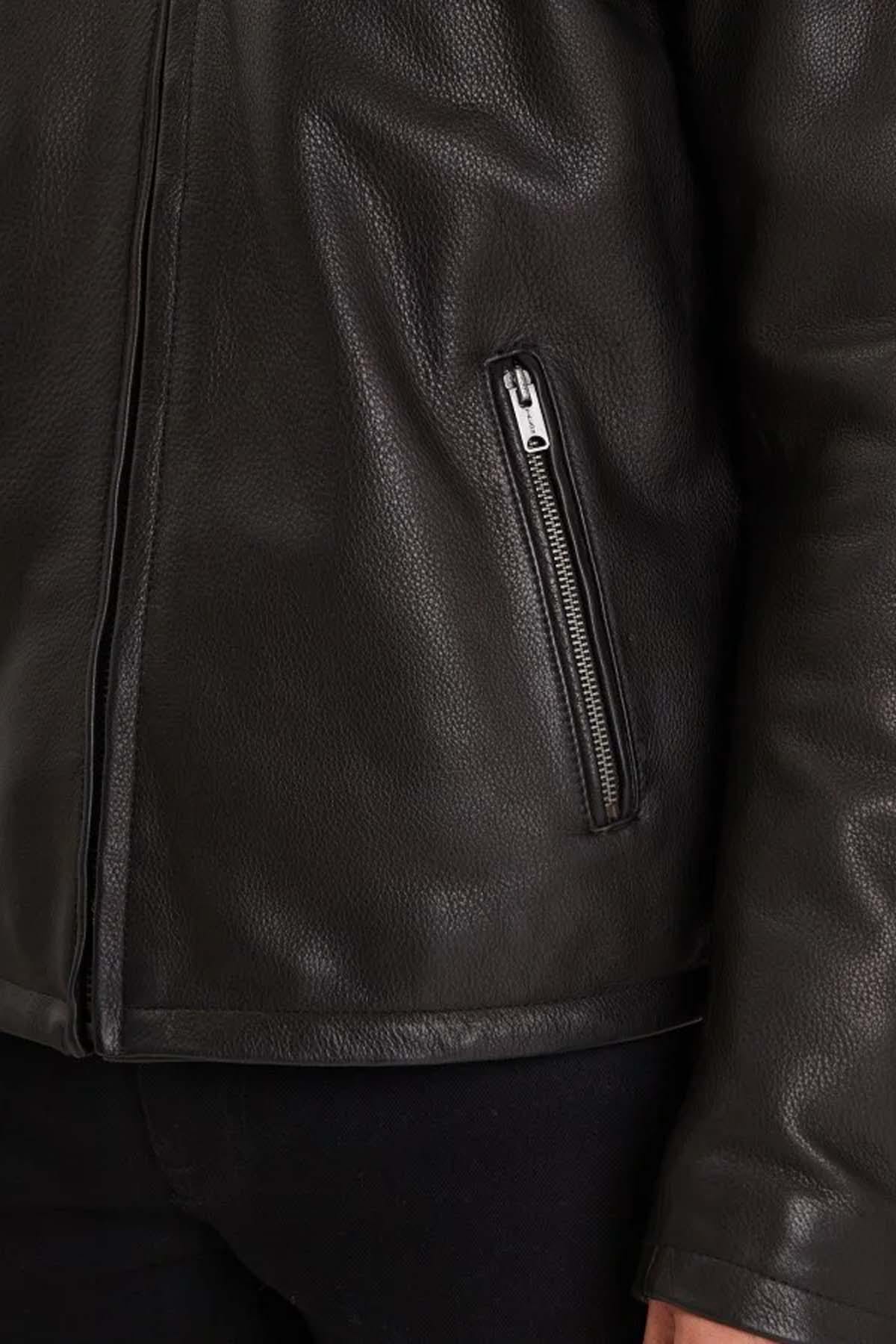 Thick cowhide leather jacket with removable sheepskin collar - Image n°4