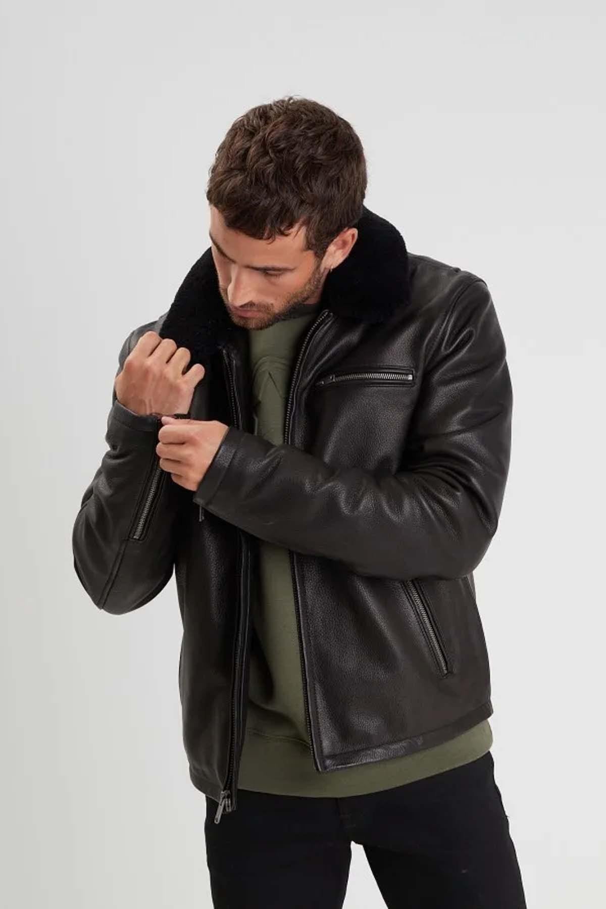 Thick cowhide leather jacket with removable sheepskin collar - Image n°2