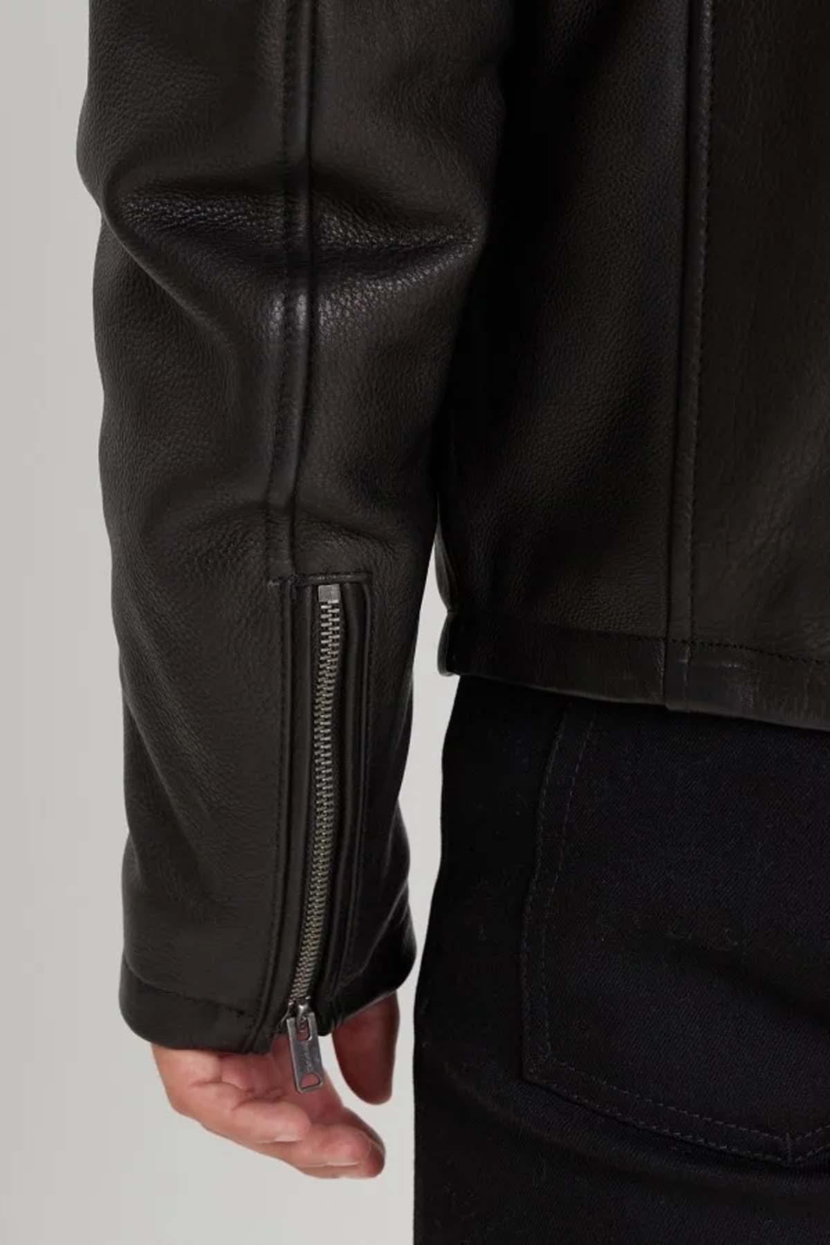 Thick cowhide leather jacket with removable sheepskin collar - Image n°5