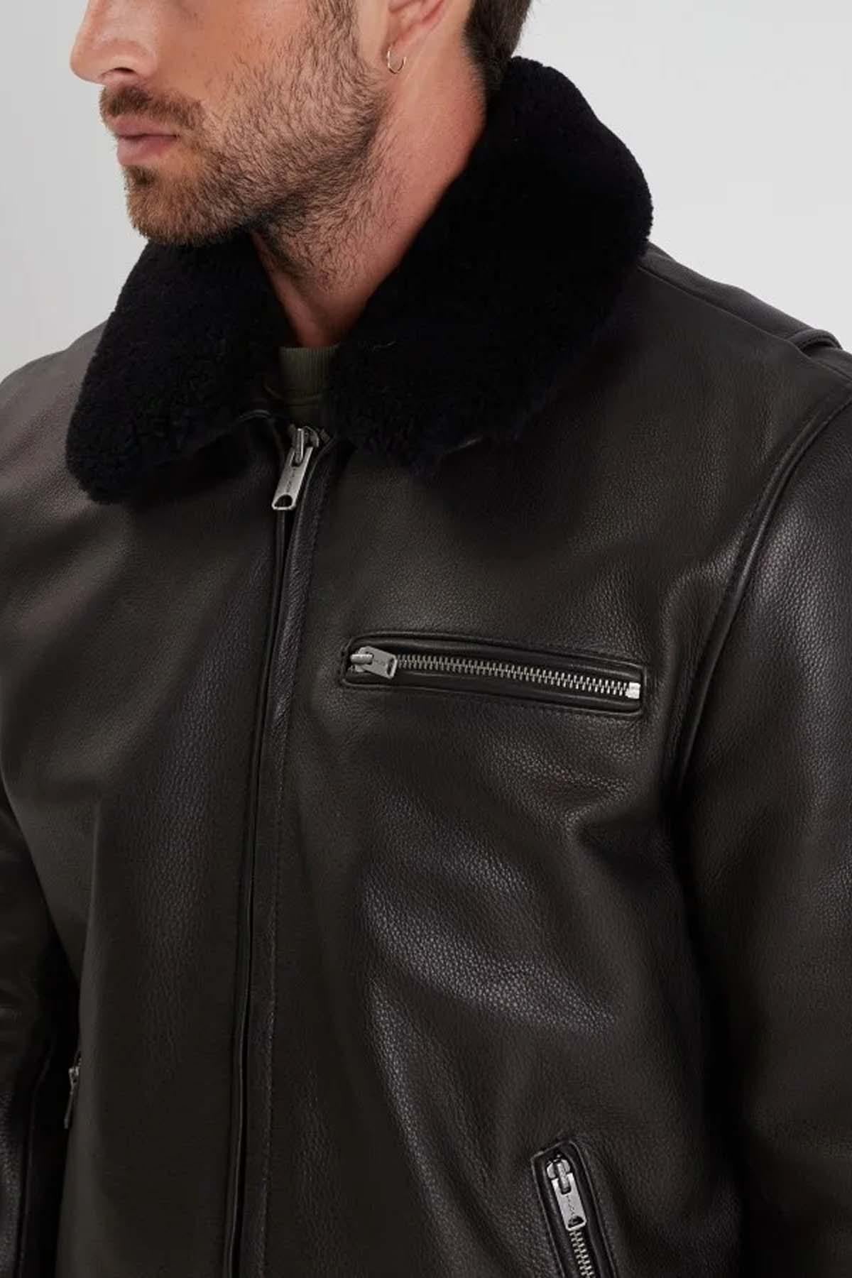 Thick cowhide leather jacket with removable sheepskin collar - Image n°3