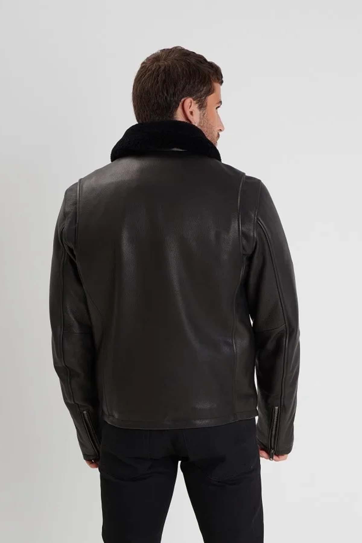 Thick cowhide leather jacket with removable sheepskin collar - Image n°7