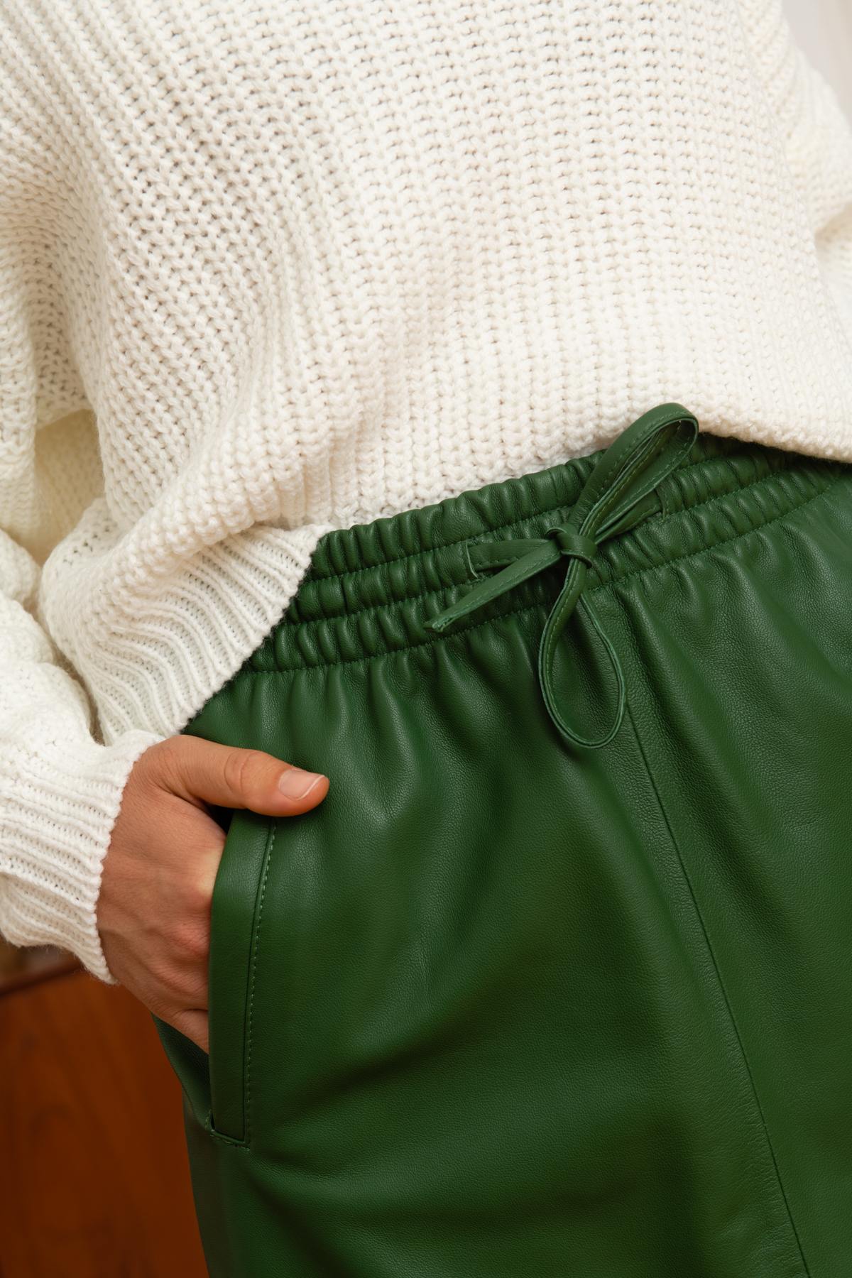 Green leather mid-length skirt - Image n°4