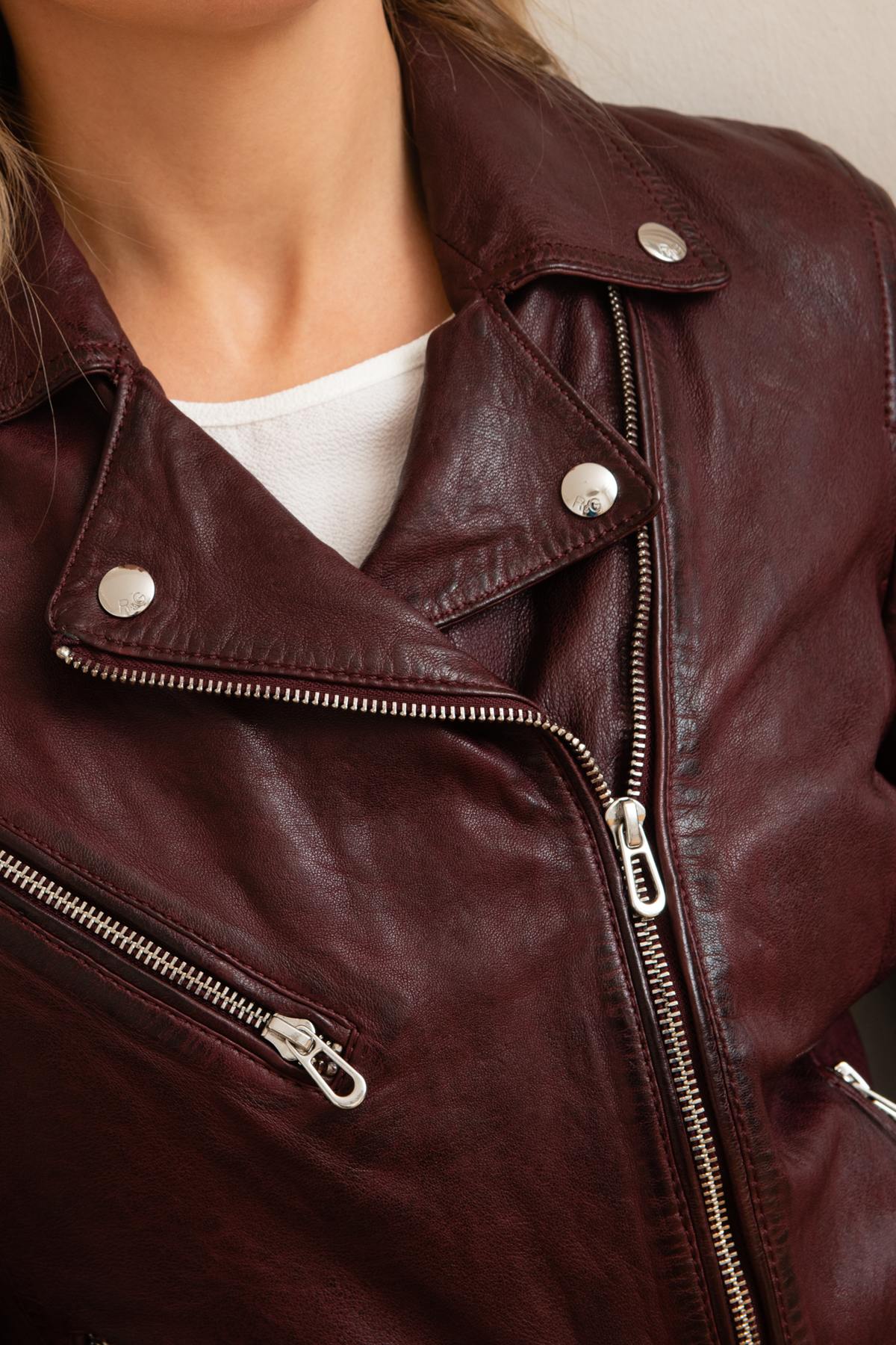 Burgundy leather Biker Jacket - Image n°7