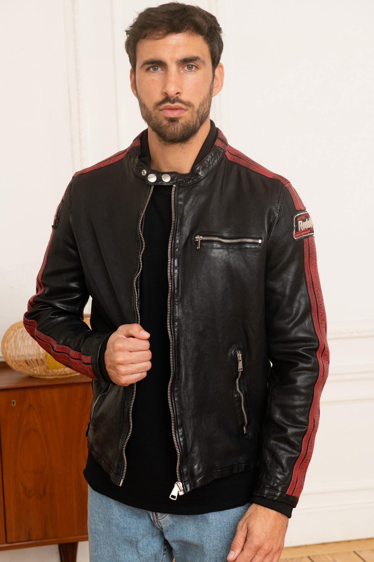 Black leather jacket with red stripes racing style - Image n°7