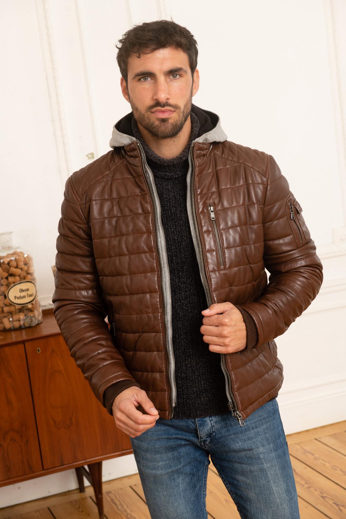 Brown leather sportswear down jacket - Image n°1