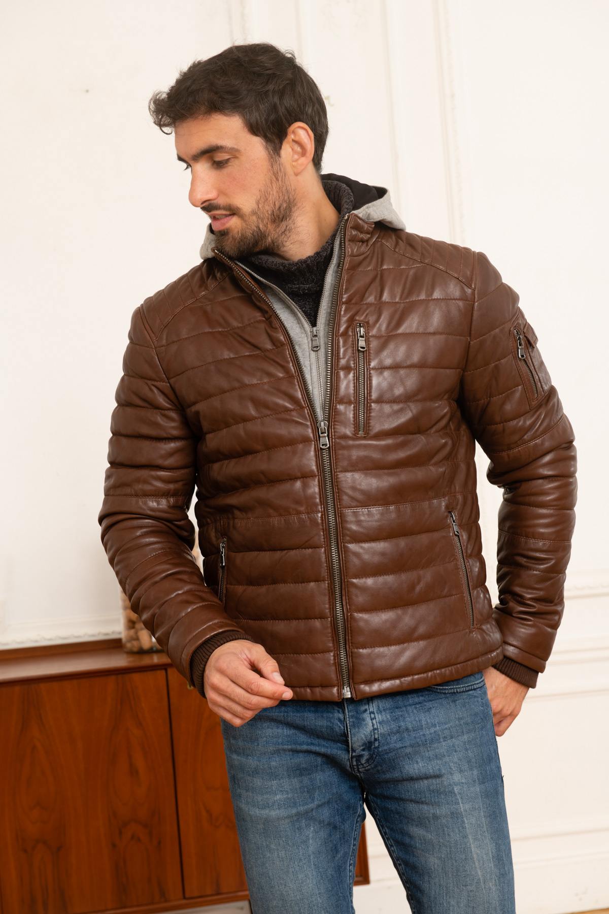 Brown leather sportswear down jacket - Image n°6