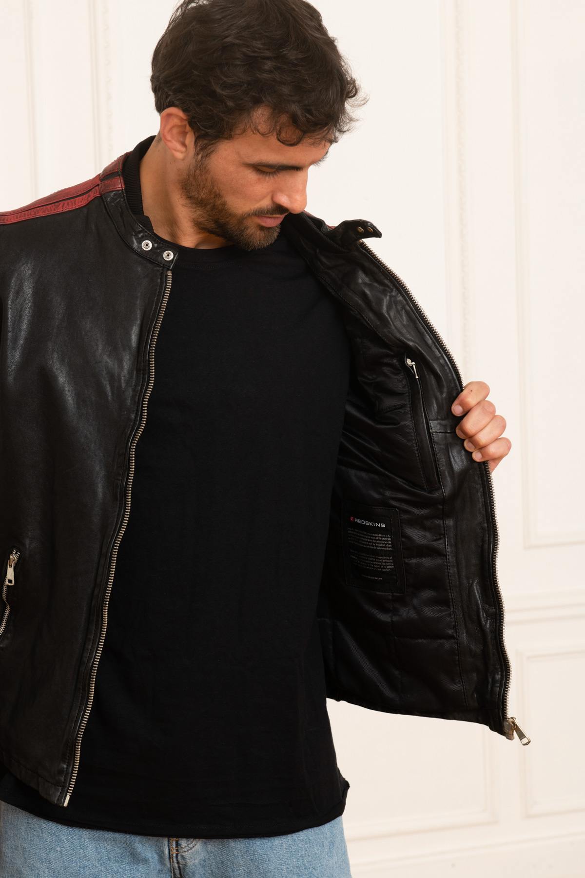 Black leather jacket with red stripes racing style - Image n°4