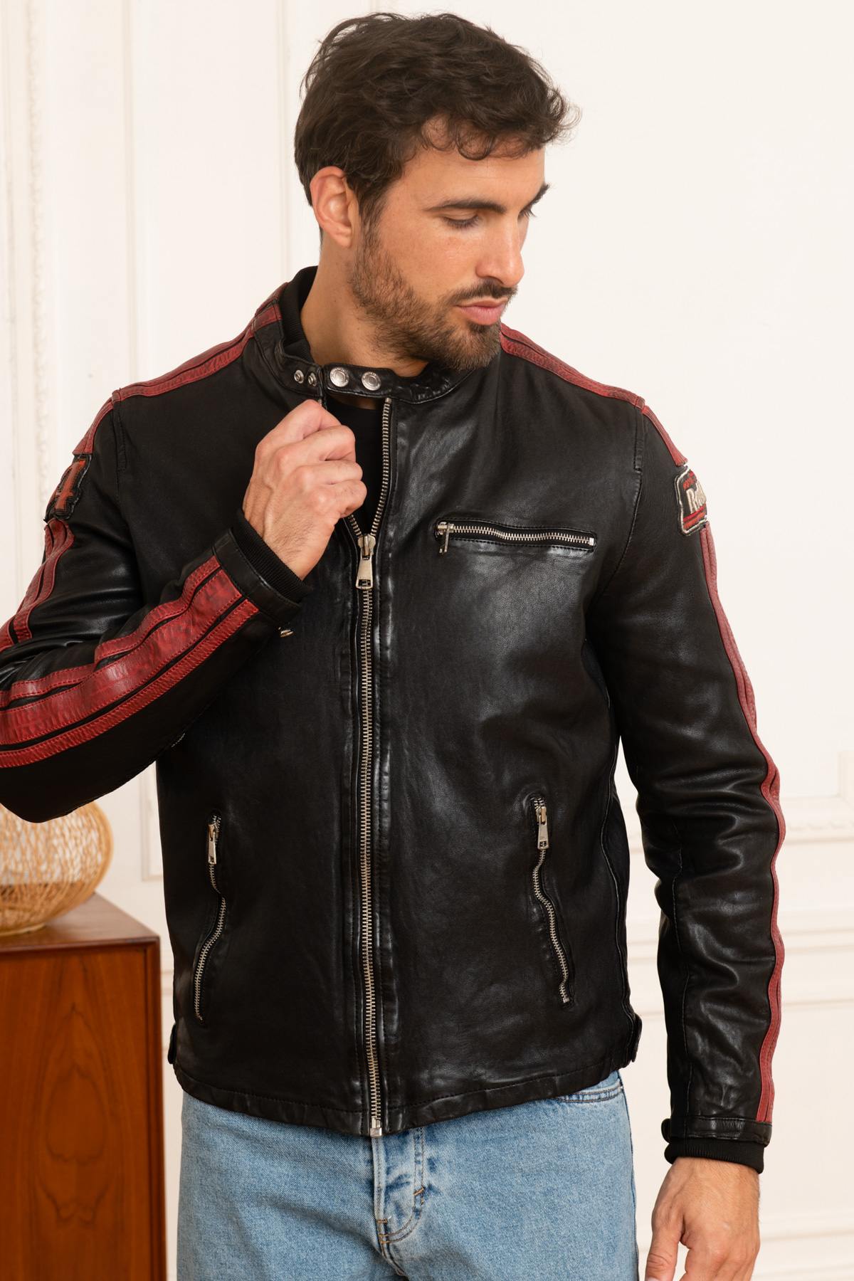 Black leather jacket with red stripes racing style - Image n°5