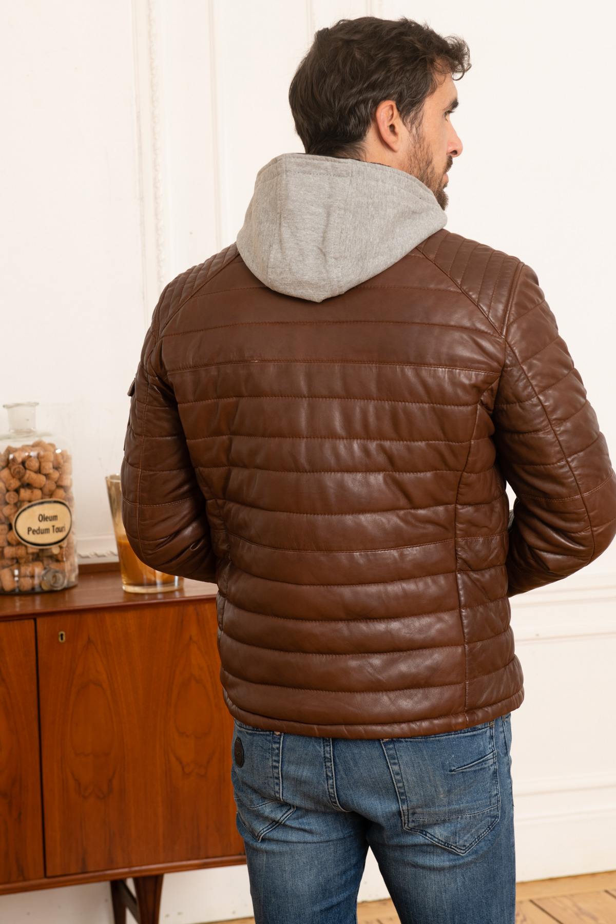 Brown leather sportswear down jacket - Image n°2