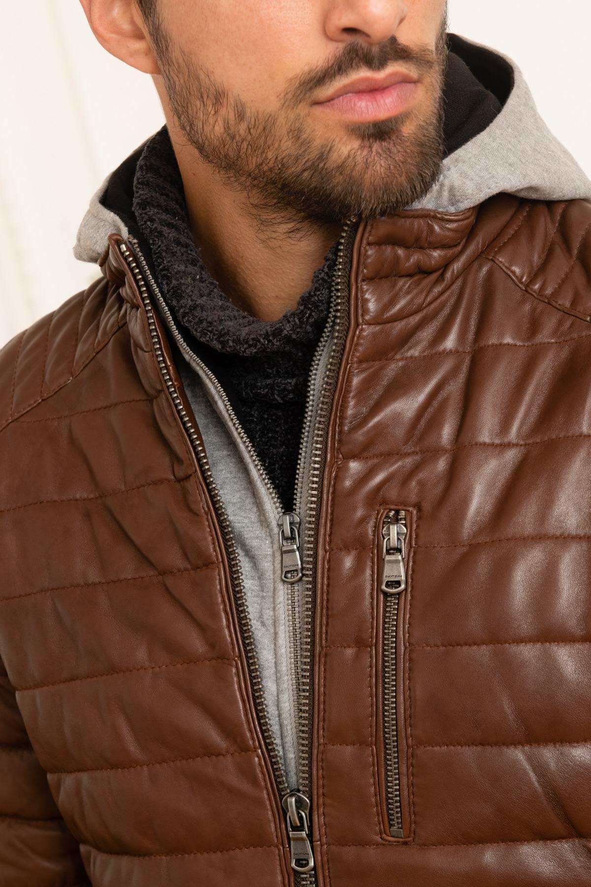 Brown leather sportswear down jacket - Image n°4