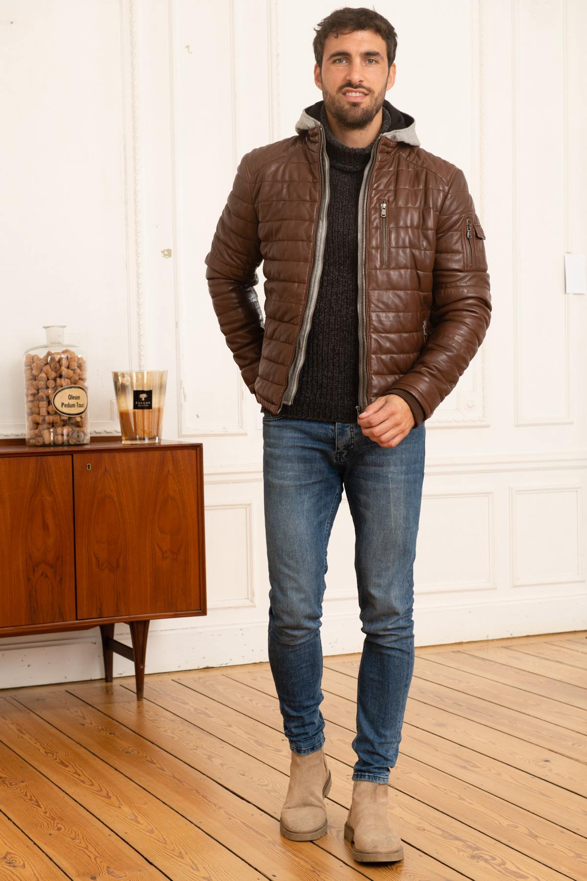 Brown leather sportswear down jacket - Image n°5