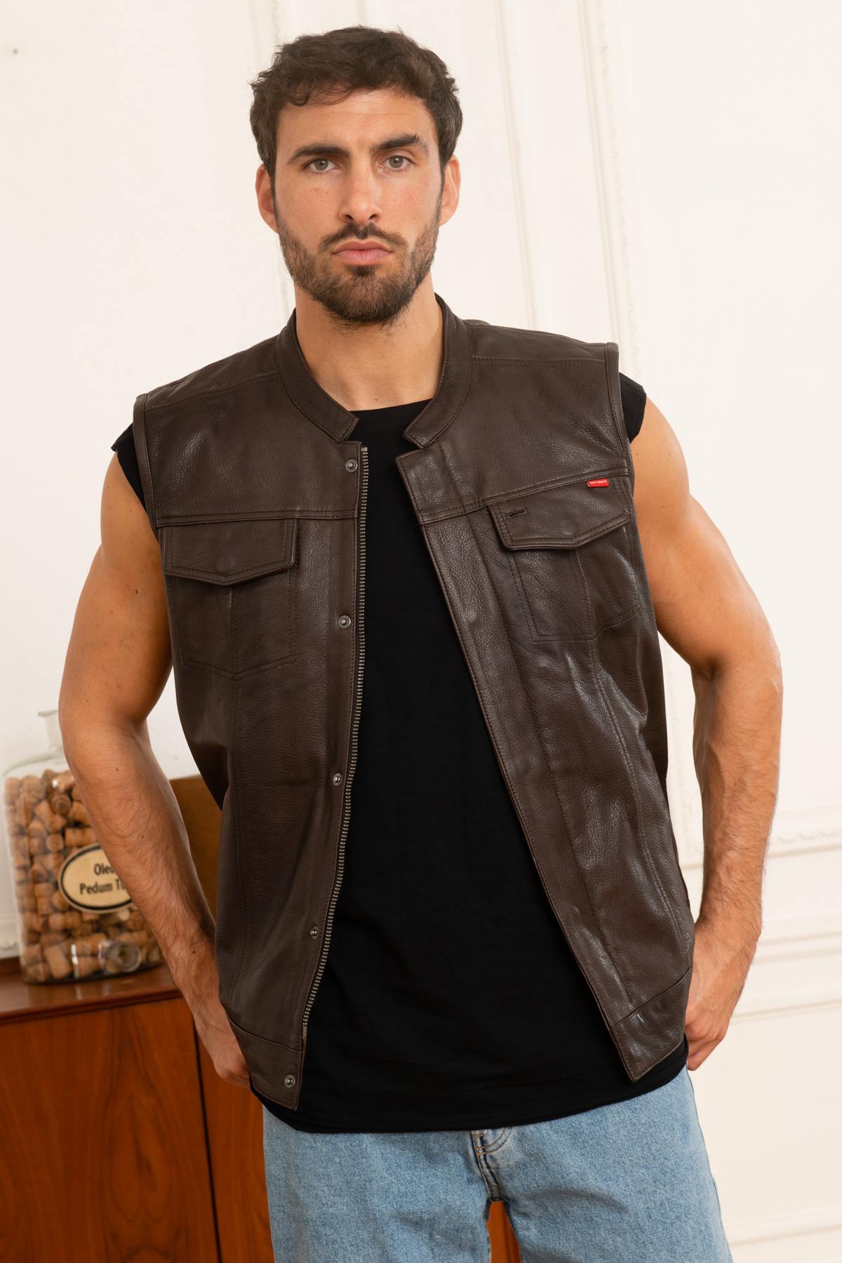 Sleeveless biker vest in brown goatskin leather - Image n°1