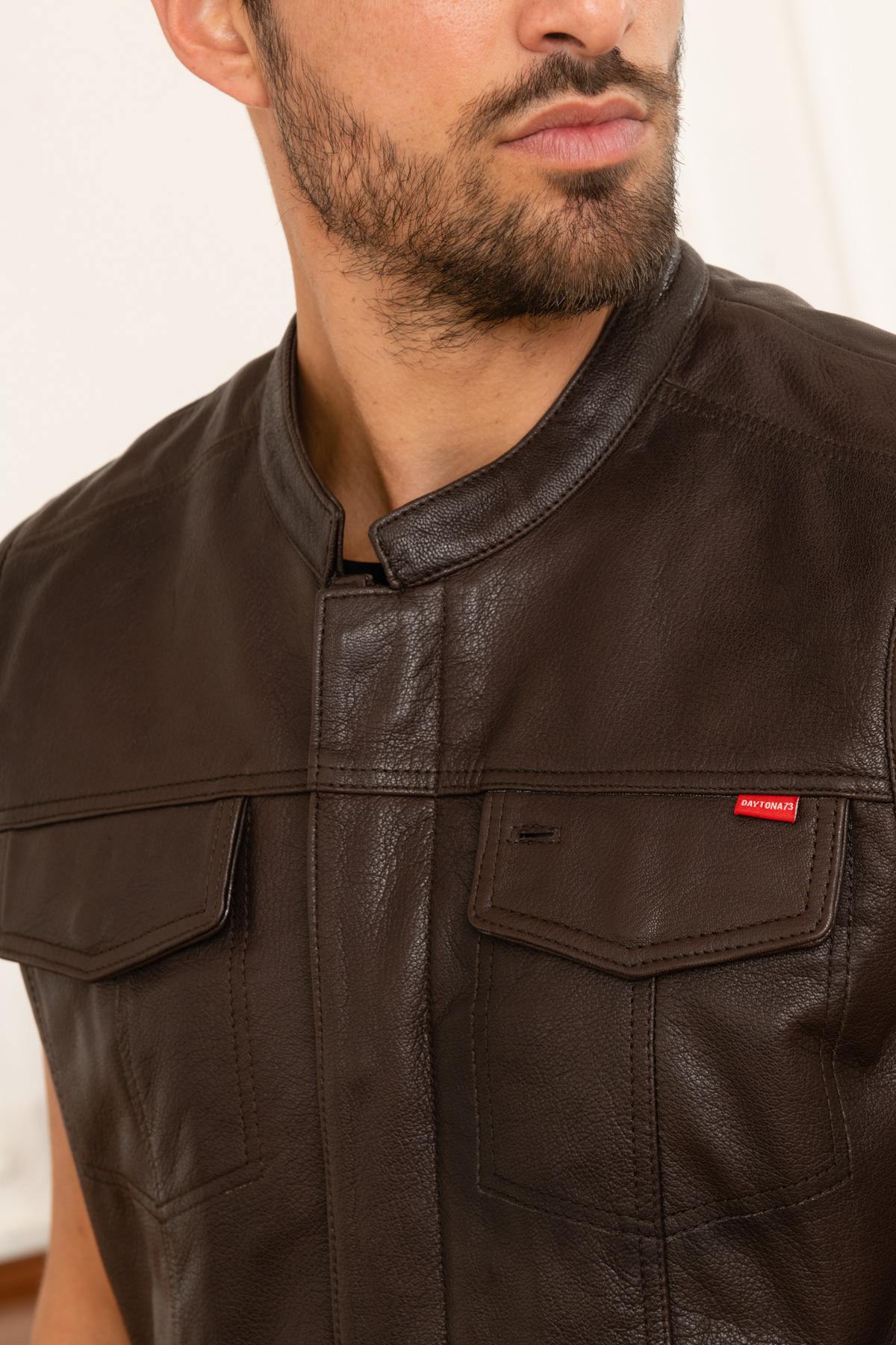 Sleeveless biker vest in brown goatskin leather - Image n°6