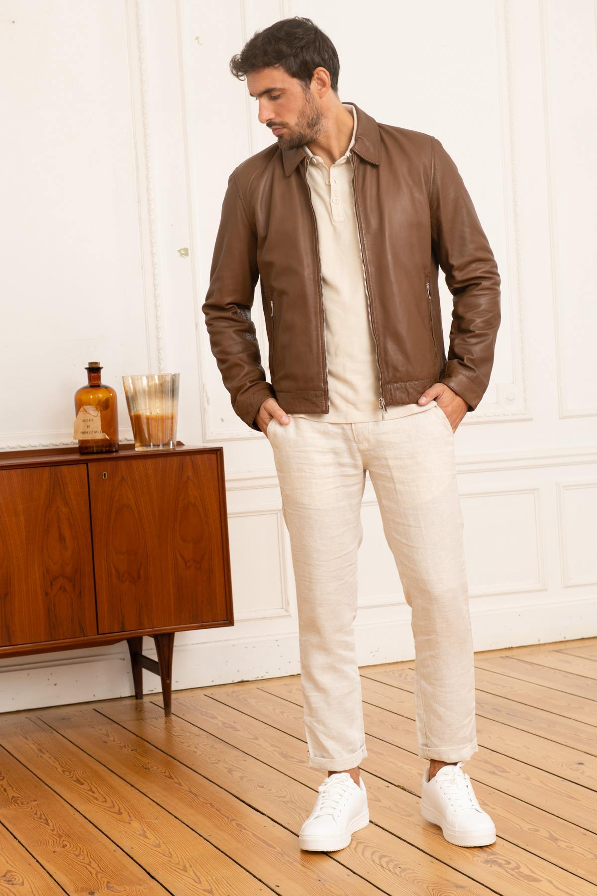 Brown leather shirt collar jacket - Image n°2