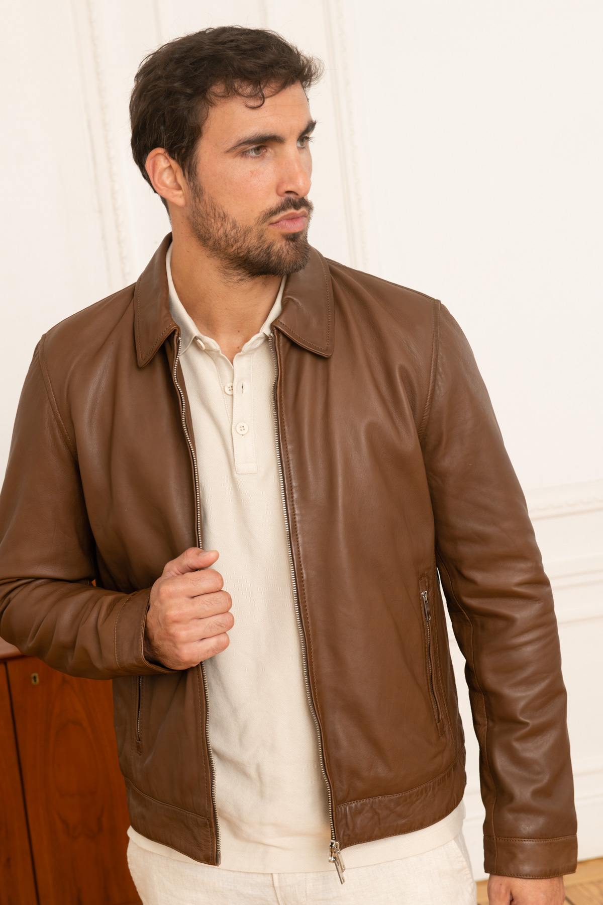 Brown leather shirt collar jacket - Image n°3