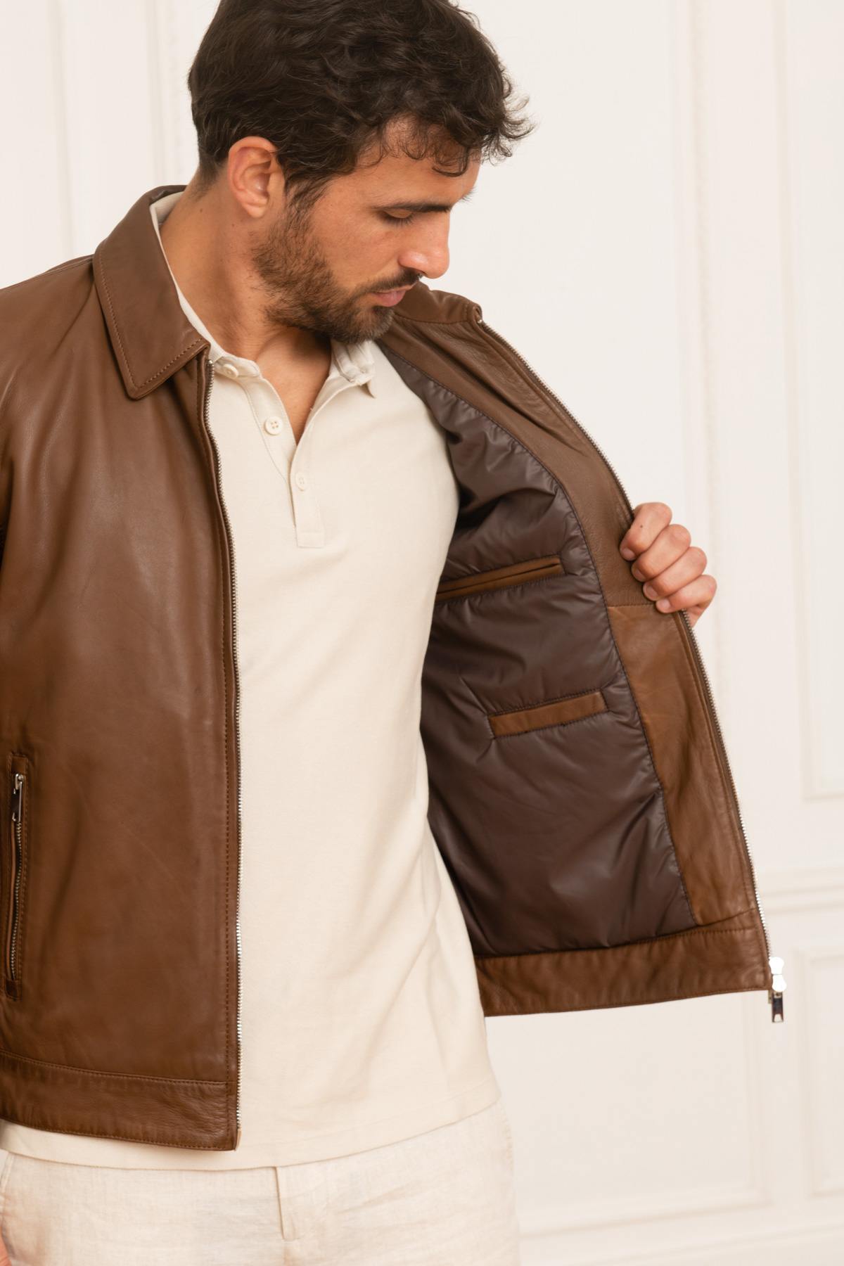 Brown leather shirt collar jacket - Image n°4