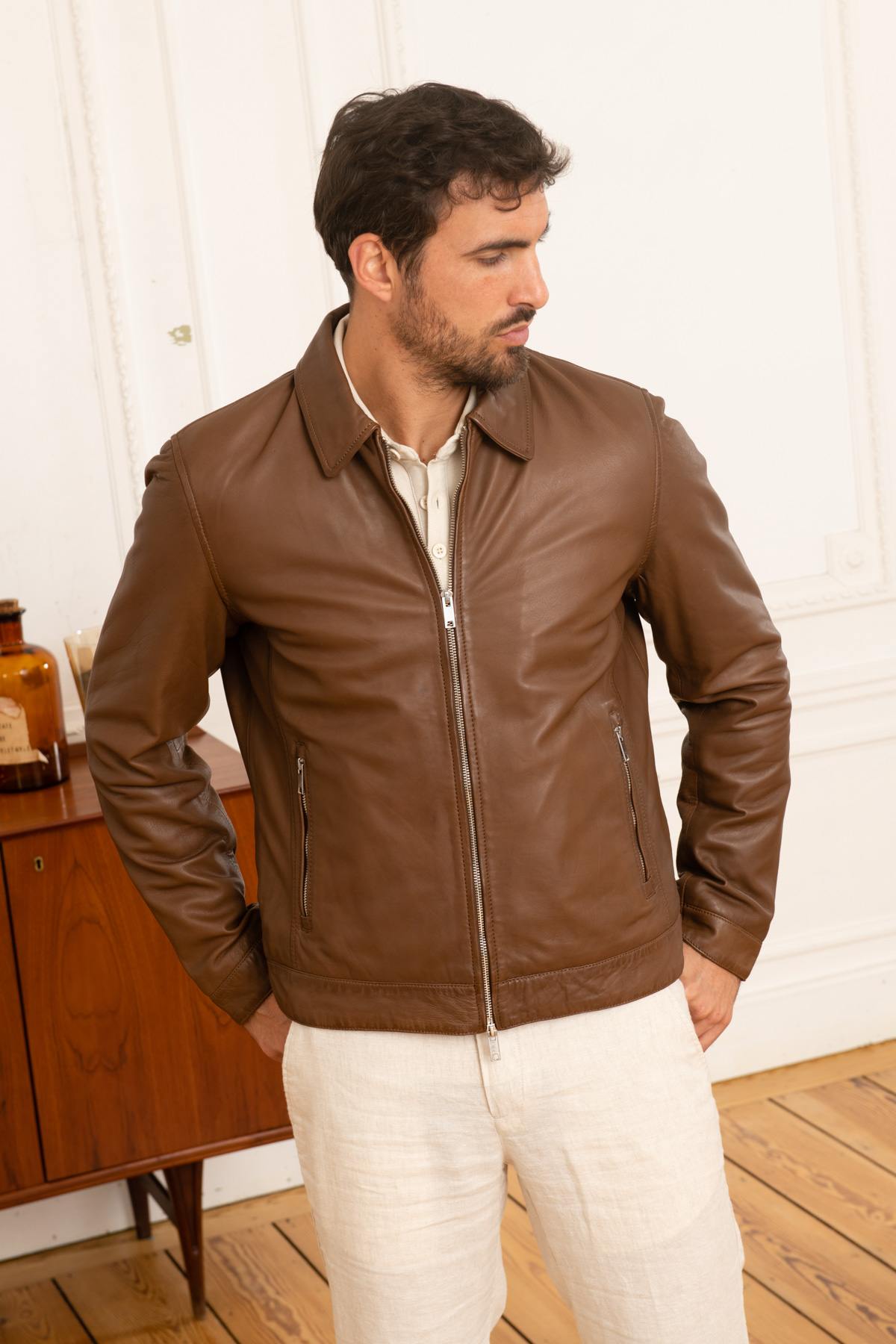 Brown leather shirt collar jacket - Image n°1