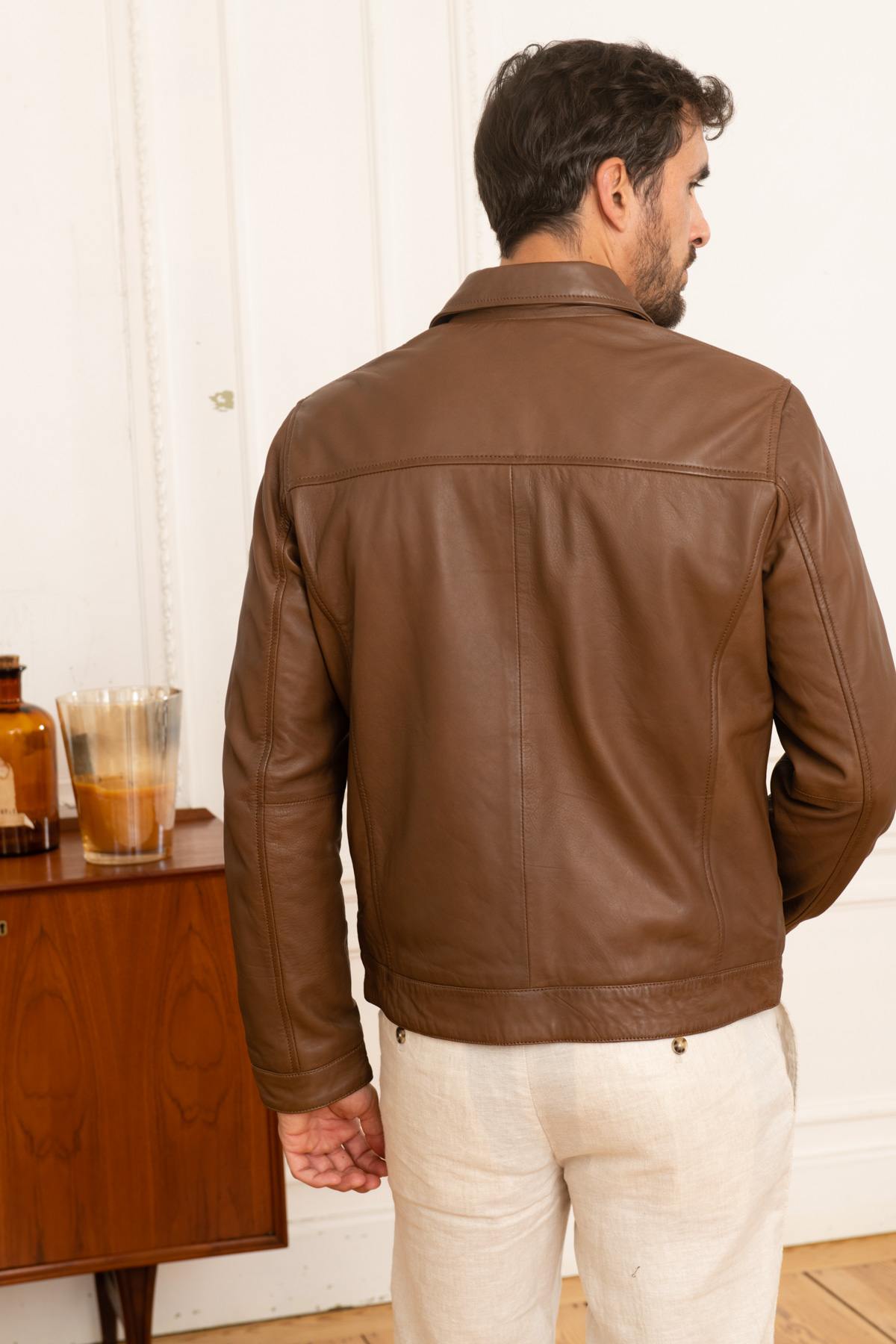 Brown leather shirt collar jacket - Image n°5