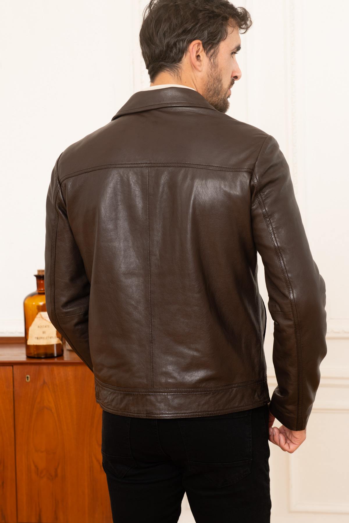 Vintage brown leather jacket with shirt collar - Image n°5