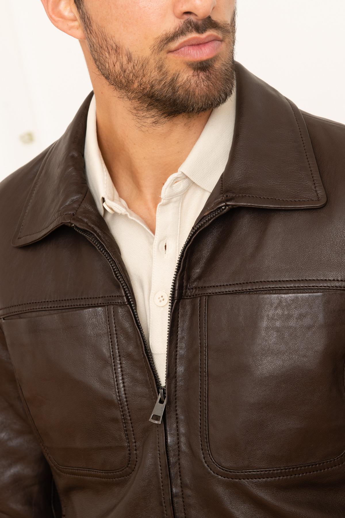 Vintage brown leather jacket with shirt collar - Image n°6