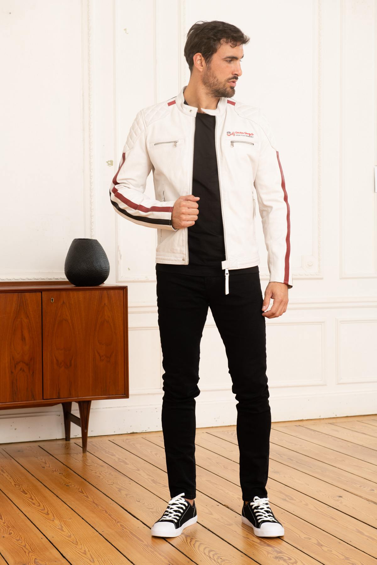 White leather jacket with racing sport stripes - Image n°2