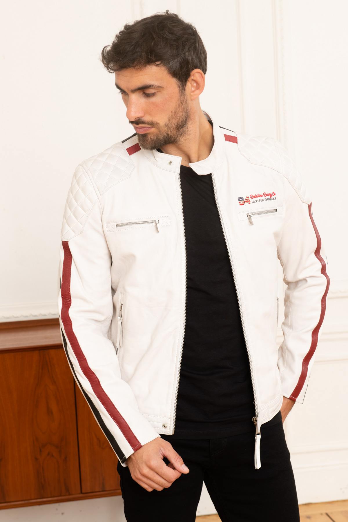 White leather jacket with racing sport stripes - Image n°3