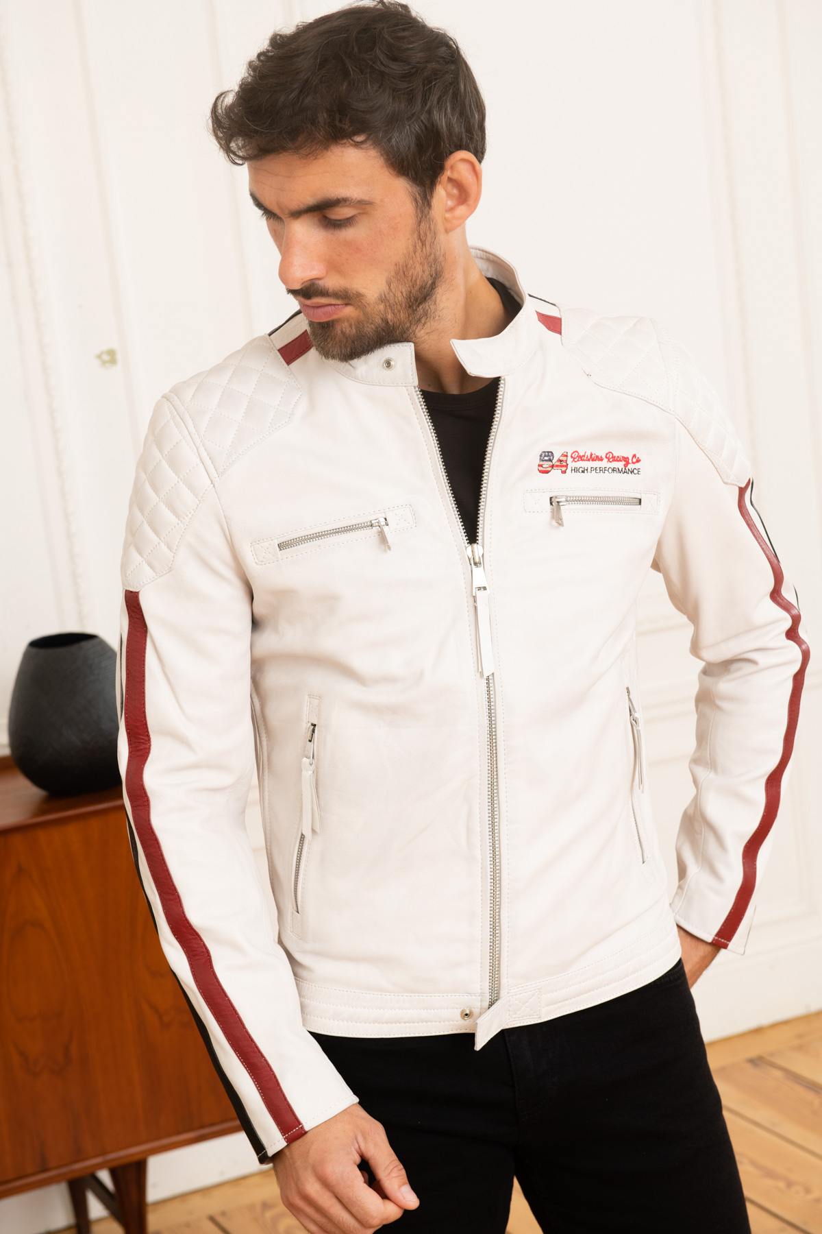 White leather jacket with racing sport stripes - Image n°1