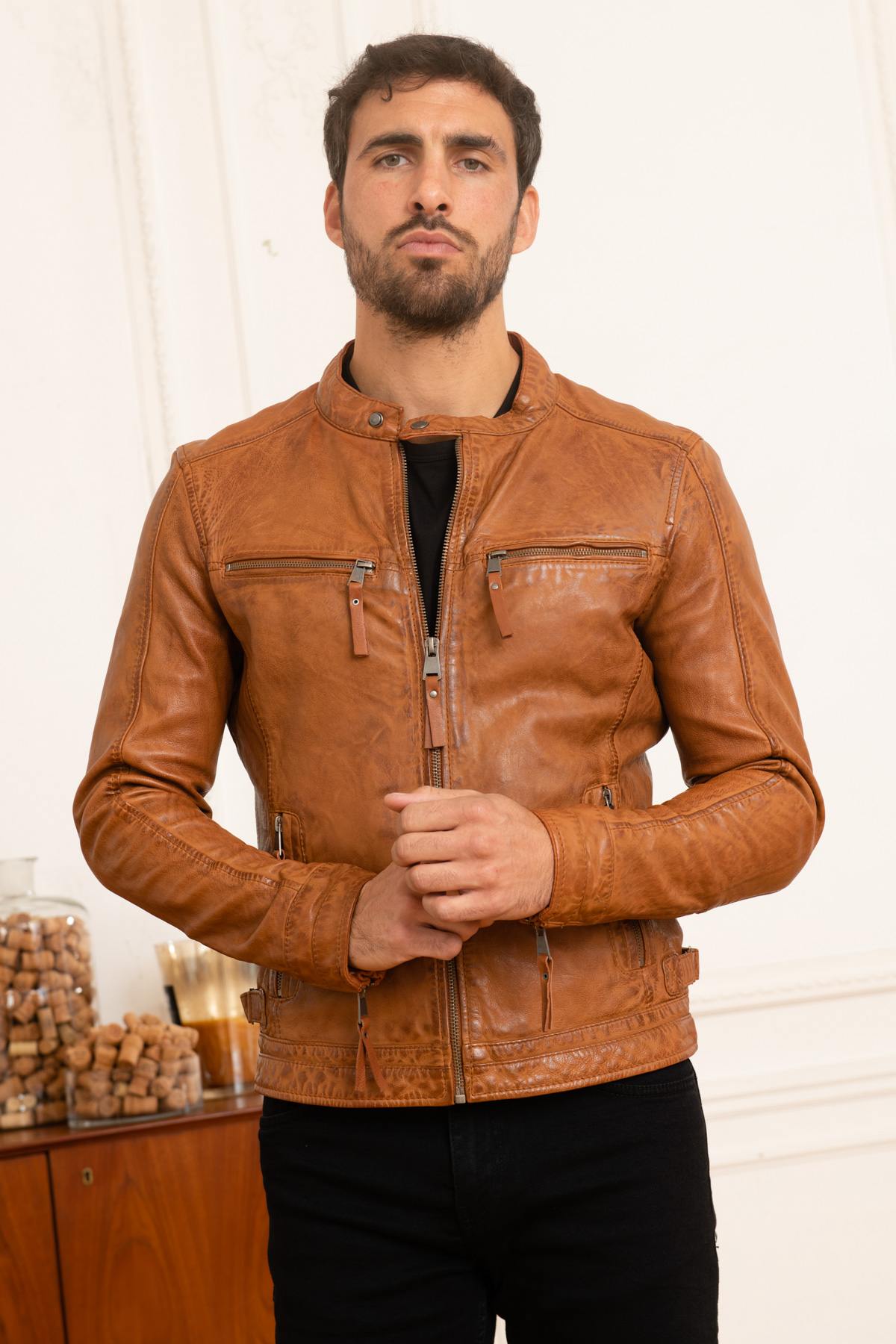 Cognac biker collar leather jacket - Image n°4