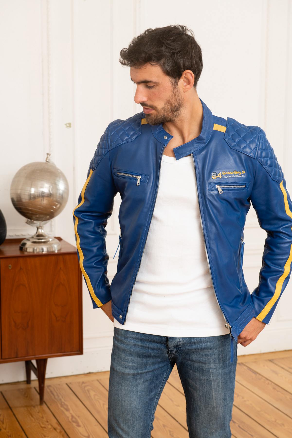 Electric blue leather jacket with yellow stripes - Image n°3