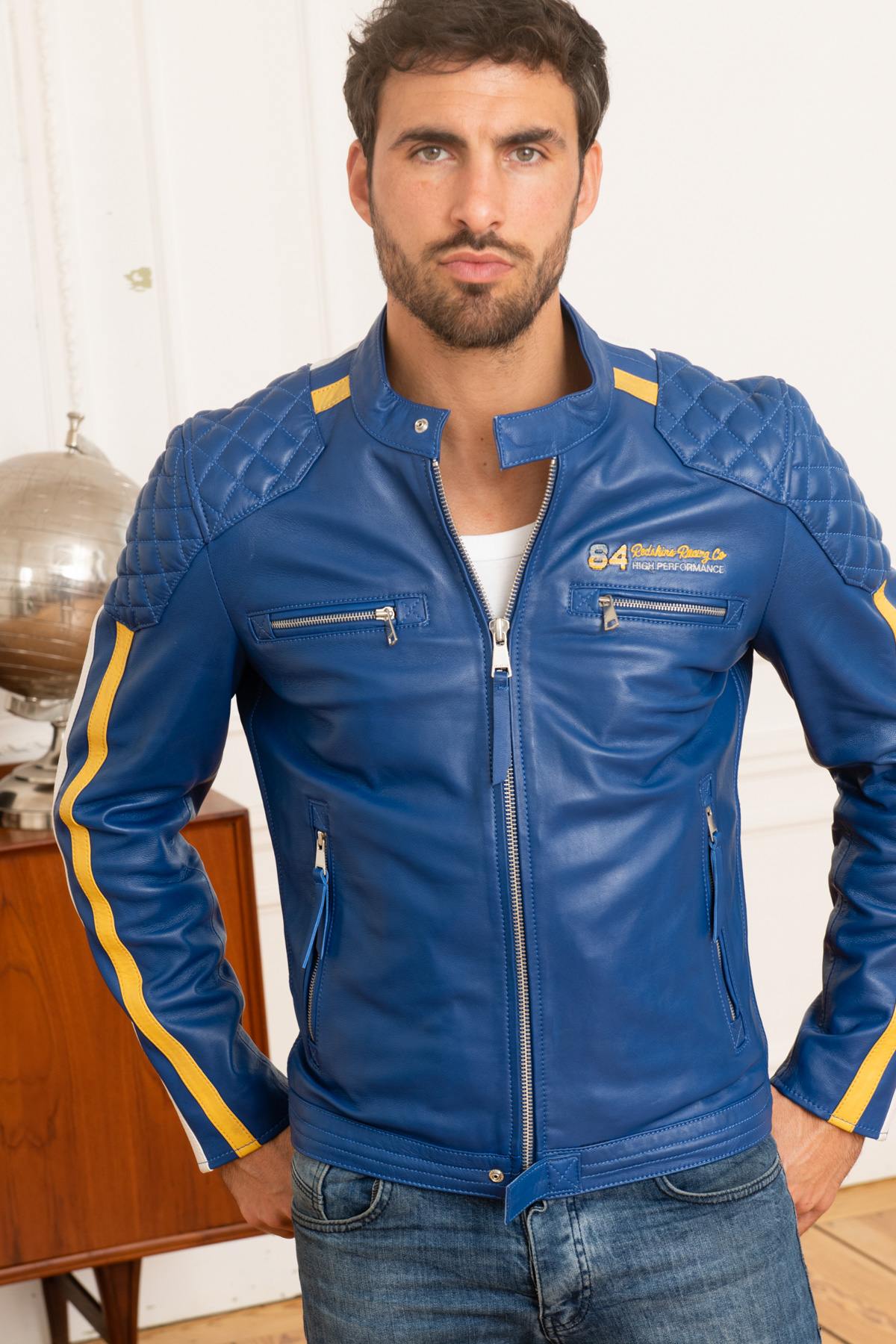 Electric blue leather jacket with yellow stripes - Image n°1