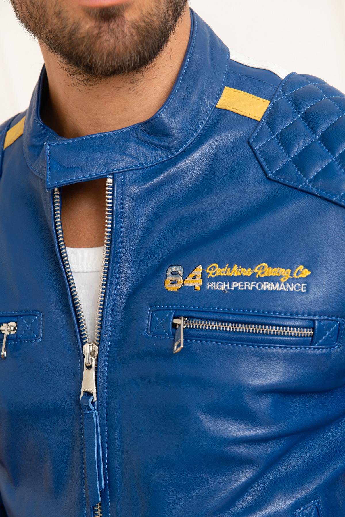 Electric blue leather jacket with yellow stripes - Image n°6