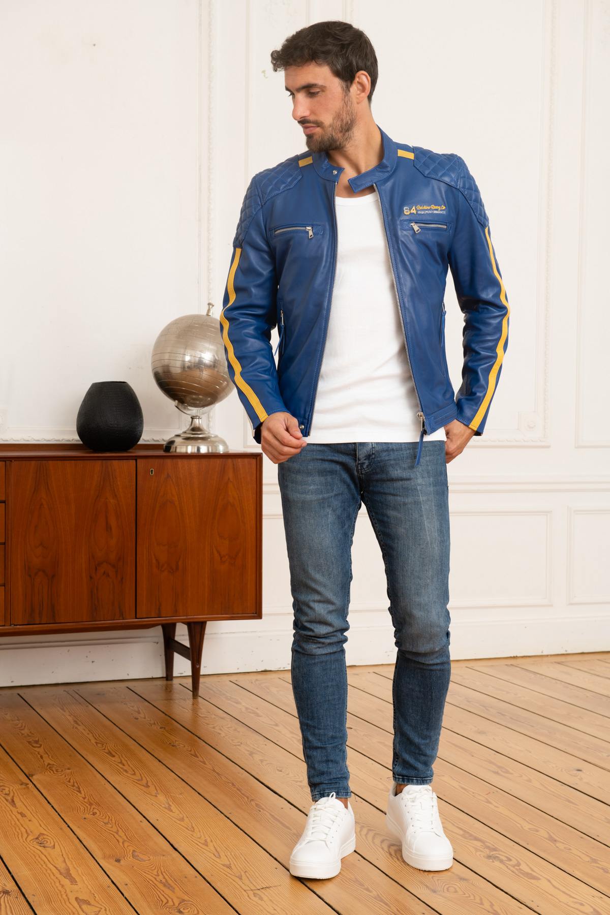 Electric blue leather jacket with yellow stripes - Image n°2